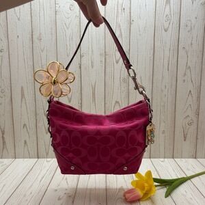 Coach Shoulder Bag Womens Signature C Jacquard Small Magenta Pink Leather Y2K
